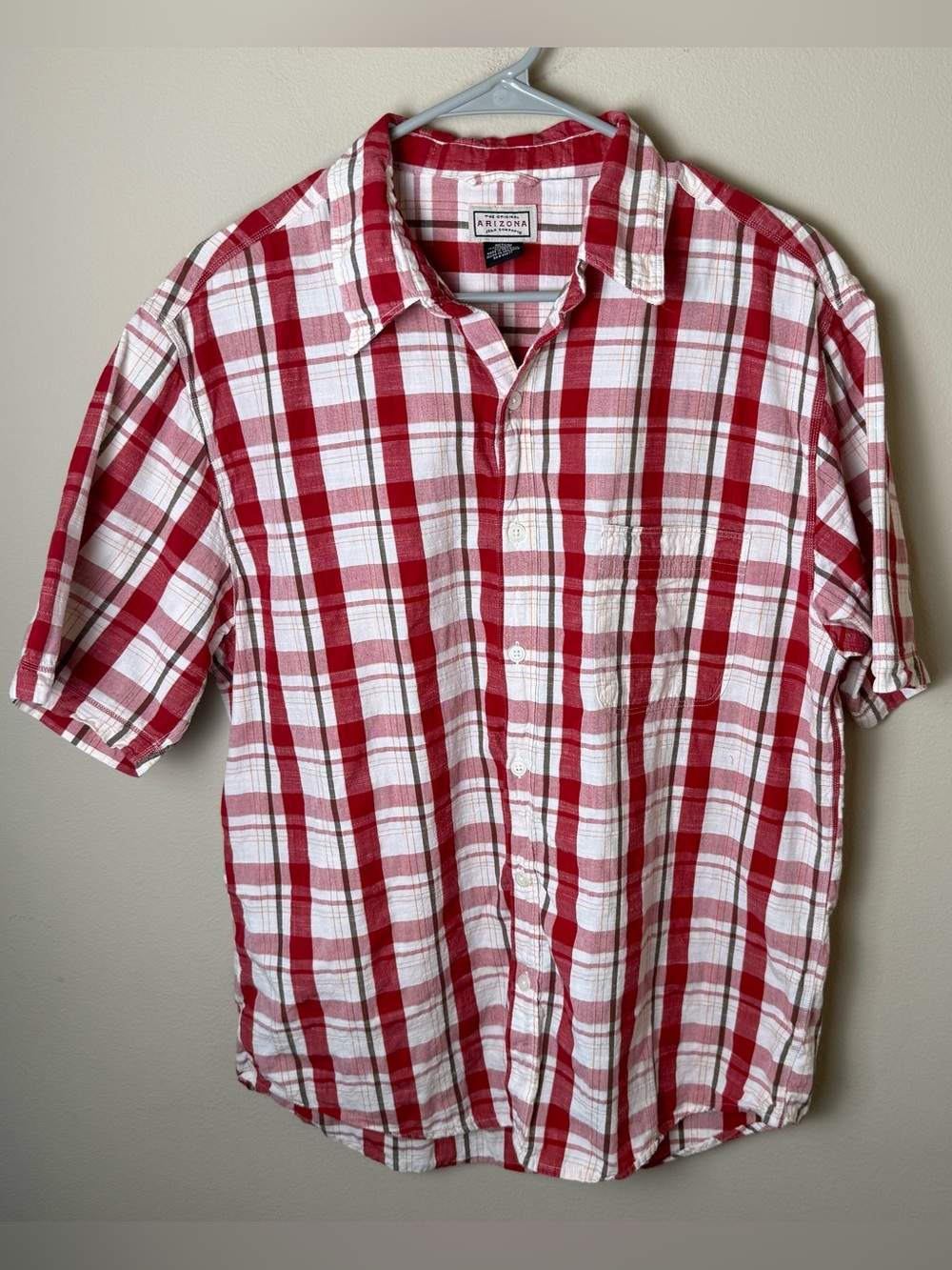 Vintage 90s Arizona Jean Co Plaid Button Down Shirt Mens Medium Cream Red Preppy